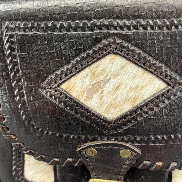 Vintage Hand Tooled Leather Crossbody Purse Womens Brown Hair-On Hide Western - Picture 6 of 15